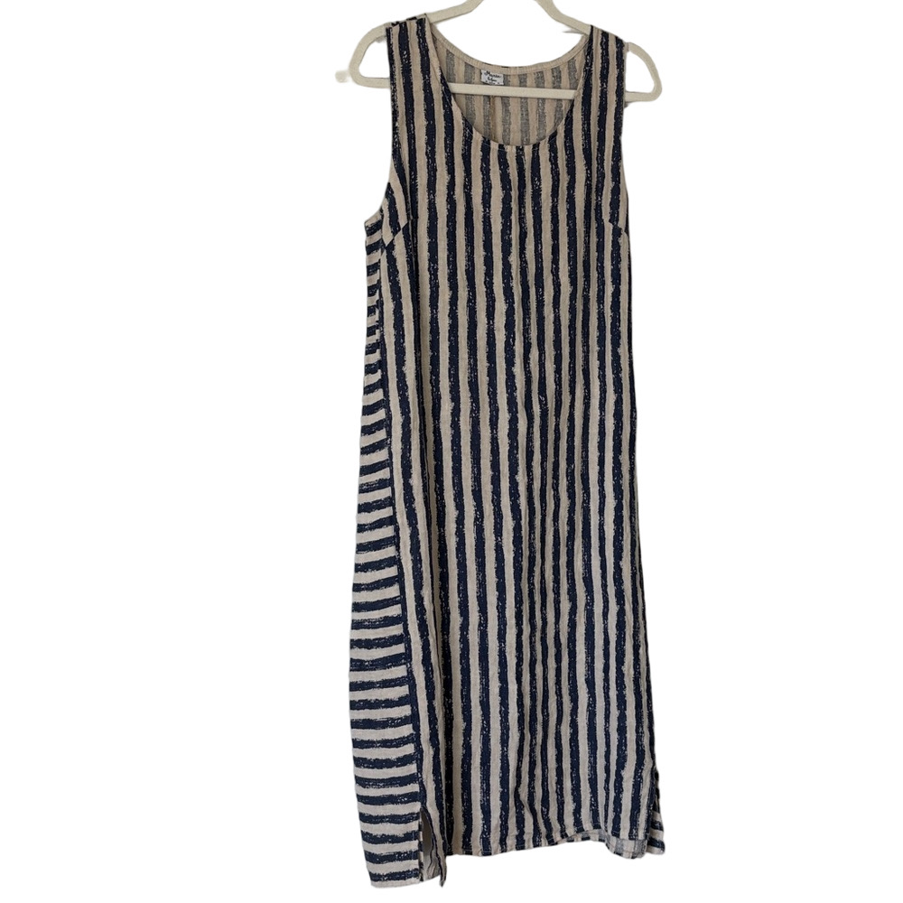 MARIE LA LUNE: 100% linen Made in Italy Striped Sleeveless Shirt Dress NWT - Picture 2 of 9